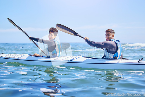 Image of Water, portrait of man and woman in kayak for sports on lake, beach or river for exercise together on vacation. Ocean holiday, adventure and fitness, couple in canoe for training workout on blue sky.