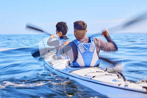 Image of Water, man and woman in kayak for race on lake, beach or river for exercise together on vacation. Ocean holiday, adventure and fitness, couple in canoe for training workout in teamwork on blue sky.
