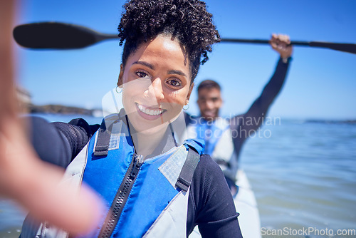 Image of Ocean, kayak and couple with selfie, beach and summer vacation with memory, honeymoon and social media. Portrait, post and man with woman, water sports and picture with love, training and holiday