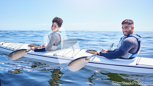 Image of Ocean, portrait of happy man and woman in kayak at lake, beach or river for exercise challenge. Sports holiday, adventure and fitness, couple rowing in canoe for training workout and fun race at sea.