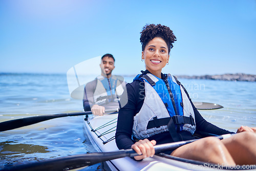 Image of Water, man and woman in kayak for race at lake, beach or river for exercise in sports at sea. Ocean holiday, adventure and fitness, happy couple with smile rowing in canoe for training or challenge.