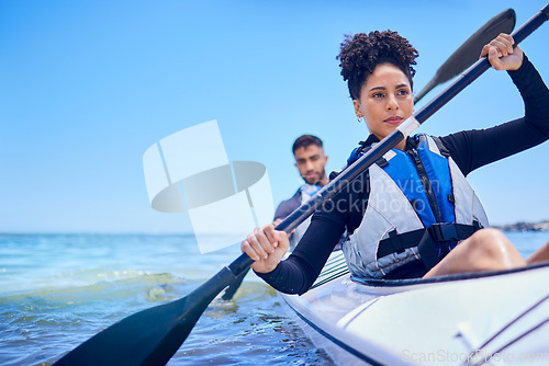 Image of Water, man and woman in kayak at ocean for race at lake, beach or river, exercise in sport. Holiday, adventure and fitness, couple rowing in canoe for training or challenge, mockup on blue sky at sea