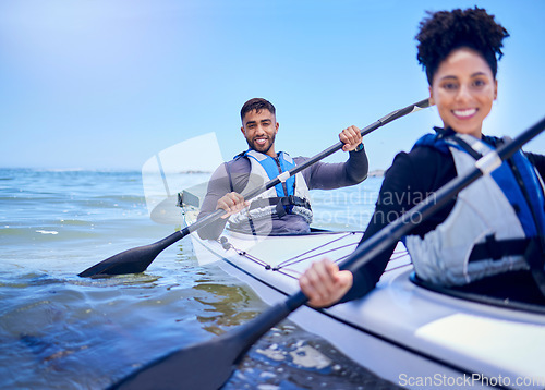 Image of Water, man and woman in kayak at lake, beach or river for exercise in sports at sea in portrait. Ocean holiday, adventure and fitness, happy couple with smile rowing in canoe at training or challenge