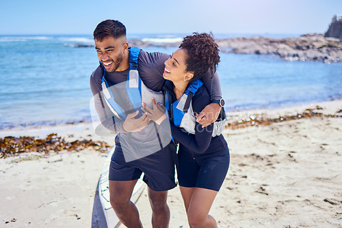 Image of Love, happy and kayak with a couple walking on the beach for travel, freedom or sports outdoor in nature. Smile, summer vacation or holiday with a man and woman by the sea or ocean for canoeing