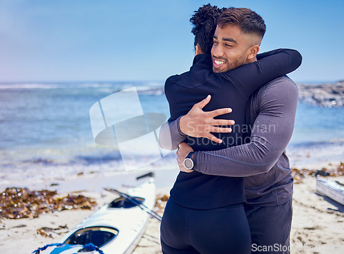 Image of Kayak, sports and fitness couple hug at a beach for training, bond and workout in nature together. Kayaking, love and man embrace woman at the sea for rowing adventure, workout or fun weekend hobby