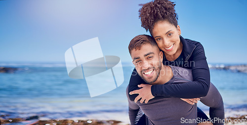 Image of Portrait, piggy back and beach with couple, love and adventure with fitness, travel and mockup space. Face, people and man carrying woman with bonding, seaside or loving together with summer vacation