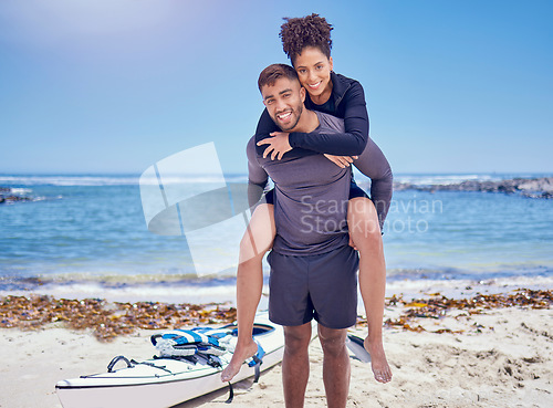 Image of Sports, fitness and kayak couple piggyback at a beach for training, bond and workout in nature together. Kayaking, portrait and man carrying woman at sea for rowing adventure, workout or fun hobby