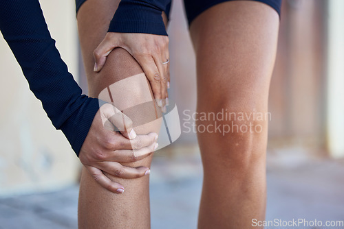 Image of Knee, joint pain and cardio person tired from outdoor exercise, marathon race and hurt from fitness burnout. Legs injury, fatigue and runner sore from running, sports accident or bad training mistake