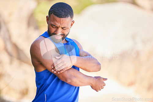 Image of Arm pain, sport and man outdoor, accident and fitness exercise in training workout. Body injury, shoulder or arthritis of athlete, muscle problem or fibromyalgia in medical emergency for osteoporosis