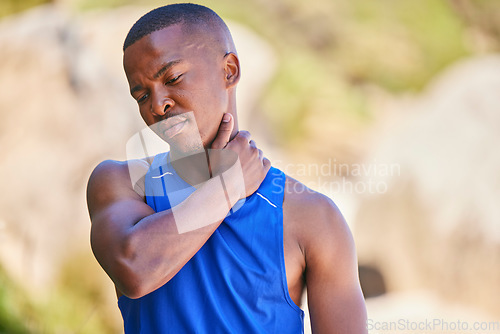 Image of Neck pain, sport and black man outdoor, accident and fitness exercise in training workout. Body, injury and arthritis of athlete, muscle problem or fibromyalgia in medical emergency for osteoporosis