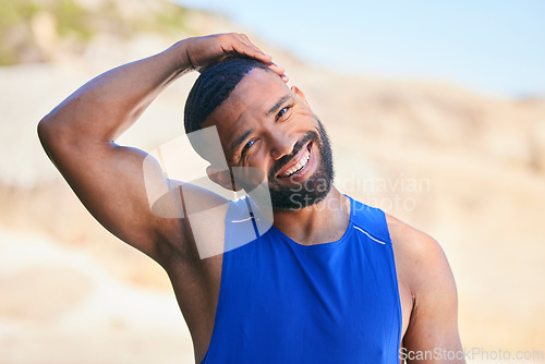 Image of Happy man, portrait and stretching neck in fitness on beach for workout, exercise or outdoor training in sports. Muscular, athlete or sporty male person smile in body warm up on ocean coast in nature