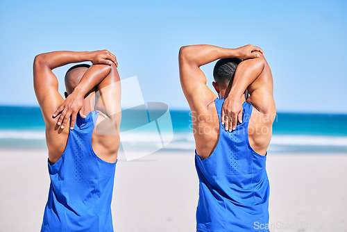 Image of Man, friends and stretching back in fitness on beach for workout, exercise or outdoor training in sports. Rear view of muscular, athlete or male person in body warm up together on the ocean coast