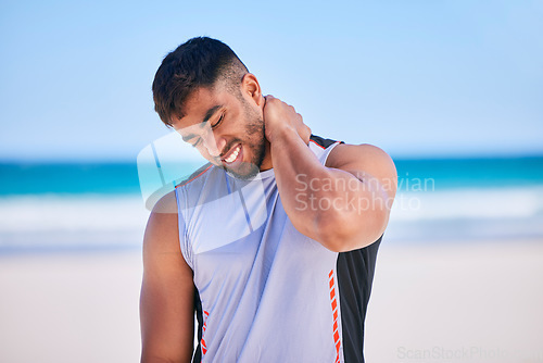 Image of Neck pain, sport and man at beach, accident and fitness exercise in workout on mockup space. Body, injury or arthritis of athlete, muscle problem or fibromyalgia in medical emergency for osteoporosis