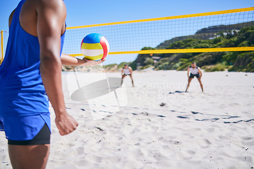 Image of Beach volleyball, sports and person serve ball, play competition and match training for fitness challenge. Summer game, rival athlete and player workout, exercise and ready to start competitive game