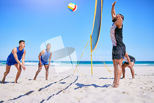 Image of Blue sky beach, volleyball and sports people playing competition, outdoor match or practice for group tournament. Opponent, game net and team player workout, training or exercise for athlete teamwork