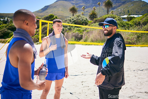Image of Beach, volleyball and coach talking to people for strategy, game and prepare for competition. Sports, fitness and man with athletes for training, exercise and workout for match, challenge or practice