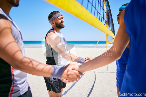 Image of Volleyball, men and team handshake at beach in competition, game and respect for match. Shaking hands, sports group and people at ocean in agreement, collaboration and exercise for fitness in summer