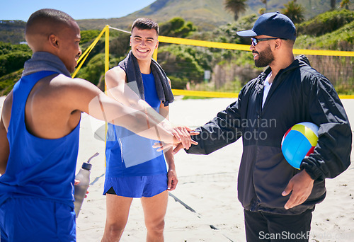 Image of Happy man, volleyball and hands together on beach in motivation, teamwork or training in fitness. Excited male person piling in team sports, game or support in unity, meeting or goals on ocean coast