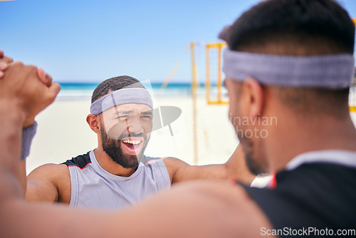 Image of Happy man, volleyball and celebration on beach in winning, victory or match point in fitness, exercise or motivation. Excited male person in team sports, game or achievement in success on ocean coast