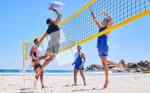 Image of Beach volleyball match, jump and sports people play competition, outdoor game and active training for fitness challenge. Summer teamwork, rival athlete and team workout, activity and partner exercise