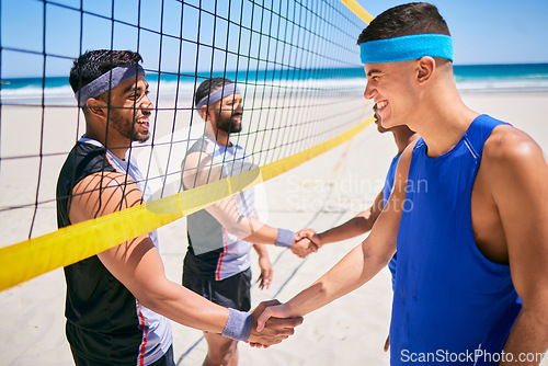 Image of Volleyball, team and people shaking hands at beach in competition, game and welcome to match. Handshake, sports and happy men at ocean in group agreement, introduction and fitness exercise in summer.