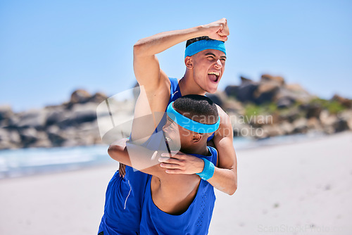 Image of Happy man, volleyball and hug in celebration on beach in winning, success or teamwork in fitness. Excited male person fist in team sport, game or match in victory, score or achievement on ocean coast