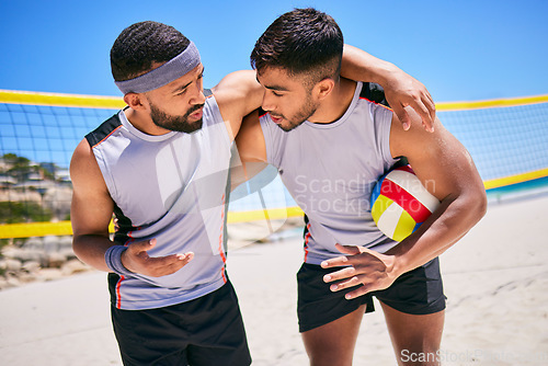 Image of Beach, volleyball team and men for strategy, game plan and prepare for competition. Sports, fitness and athletes talking in huddle for training, exercise and workout for match, challenge and practice