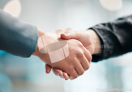 Image of Person, handshake and meeting in team sports, motivation or thank you in agreement, partnership or deal. Closeup of people shaking hands in collaboration, unity or teamwork together in community