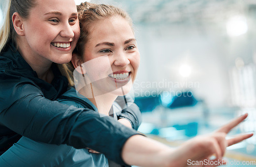 Image of Sports swimming, face and happy people piggyback ride, friends having fun and partner smile for practice, teamwork or exercise. Peace sign, emoji V icon and team happiness for swimmer competition