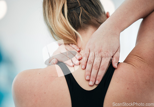 Image of Sports injury, neck pain and closeup with woman at swimming pool for fitness, training and health. First aid, emergency and accident with person and problem for muscle ache, inflammation and wellness