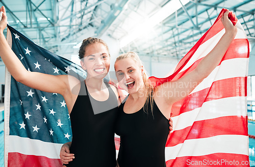 Image of Athlete women, american flag and celebration for win, fitness or excited smile in portrait at sports contest. Girl team, winner and hug by swimming pool for success, exercise and goals at competition