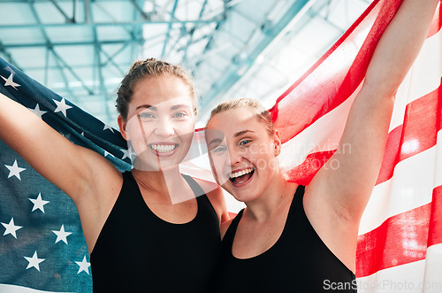 Image of Athlete women, usa flag and celebration for win, fitness and excited in portrait at sports contest. Girl team, winner and together by swimming pool with success, exercise and goals at competition