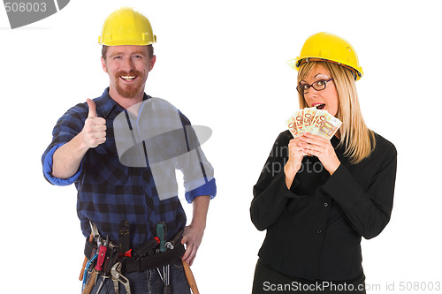 Image of construction worker and businesswoman with earnings