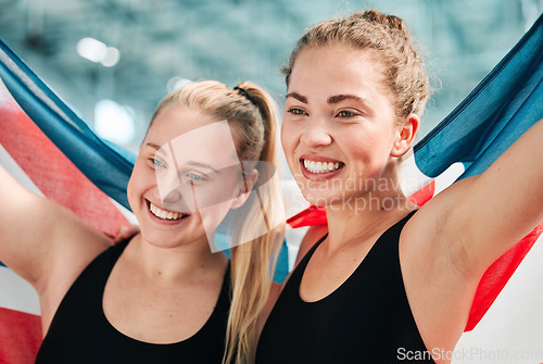 Image of Swimming team, winning flag or happy people in celebration for achievement in race competition. Fitness goal, proud women or excited girl swimmers in sports game with victory or performance success