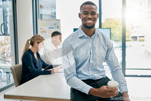 Image of Face portrait, leadership and black man in meeting ready for goals or targets. Ceo, boss and young, happy and confident male entrepreneur with vision, mission and success mindset in company workplace