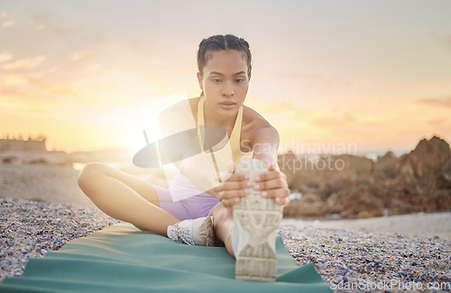 Image of Beach, yoga or woman stretching in fitness training, body workout or exercise for natural balance in Miami, Florida. Mindfulness, breathing or healthy zen girl exercising at sunset with calm peace