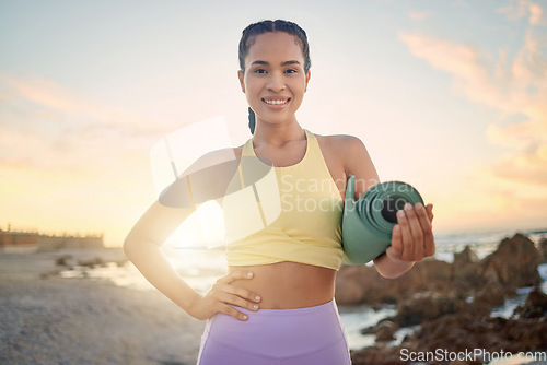 Image of Beach, fitness and portrait of woman with yoga mat getting ready for training, stretching or exercise. Zen chakra, sunset and female preparing for pilates workout for mindfulness, health and wellness