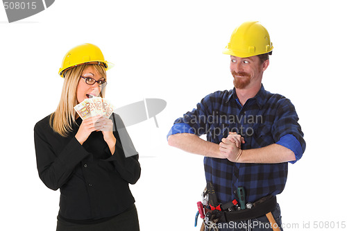 Image of construction worker and businesswoman with earnings