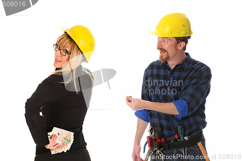 Image of construction worker and businesswoman with earnings