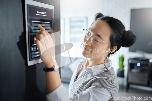 Image of User interface, technology and Asian woman with security password in office, workspace and building. Biometrics, digital ui and female worker typing on ai system, tablet and cyber security software