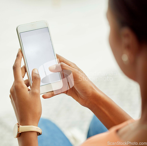 Image of Smartphone, screen and woman hands with mockup for mobile chat app, product placement and branding design zoom. Typing, using phone or cellphone for social media, networking or online website search