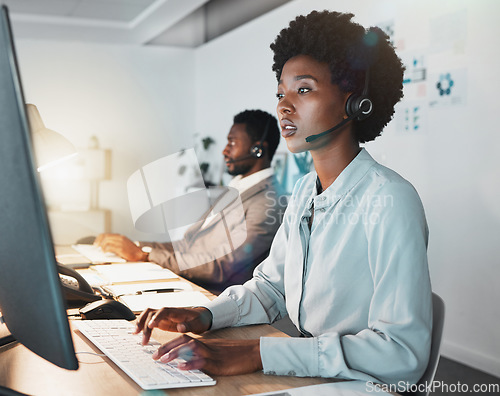 Image of Customer support team, communication and computer consultant on telecom microphone, CRM software or IT customer service. Contact us call center, flare light and telemarketing black people consulting