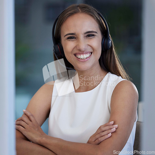 Image of Call center, portrait smile and woman for telemarketing, virtual communication or financial advisor support in corporate sales success. Contact us, crm and proud telecom worker, consultant or agent