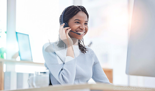 Image of Consulting, call center and black woman at computer for customer service online at office. Technical support professional client communication with headset mic at workplace in Nigeria.
