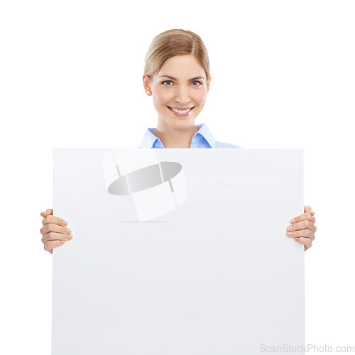 Image of Portrait of a business woman with a poster with mockup space for announcement, marketing or advertising. Signage, bulletin and female model with blank board with copy space by white studio background