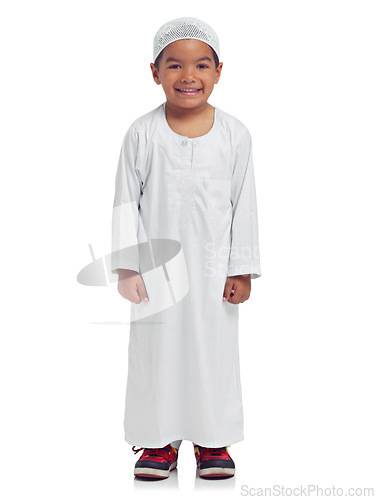 Image of Portrait, children and muslim with a boy in studio isolated on a white background for religion or belief in allah. Islam, kids or eid and a male child posing with mockup for faith or trust in god