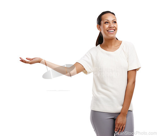 Image of Black woman, hand and mockup space for product placement advertising and motivation while laughing. Female model with empty palm for promotion, discount or deal offer isolated on a white background