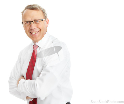 Image of Portrait, business man and arms crossed in studio isolated on a white background mockup. Face, ceo and mature, proud and happy male entrepreneur from Canada with vision, mission and success mindset.