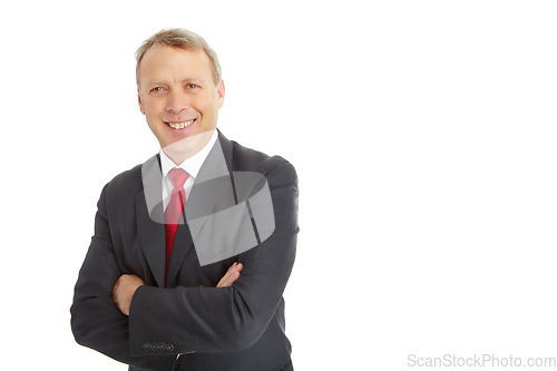 Image of Arms crossed, face portrait and business man in studio isolated on a white background mockup. Boss, ceo and mature, proud and happy male employee from Canada with vision, mission or success mindset.