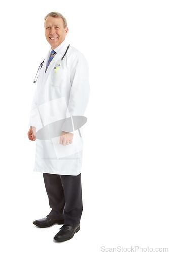 Image of Portrait, healthcare doctor and man in studio isolated on a white background mockup. Wellness, health care and happy, confident and mature male medical professional from Canada standing in hospital.
